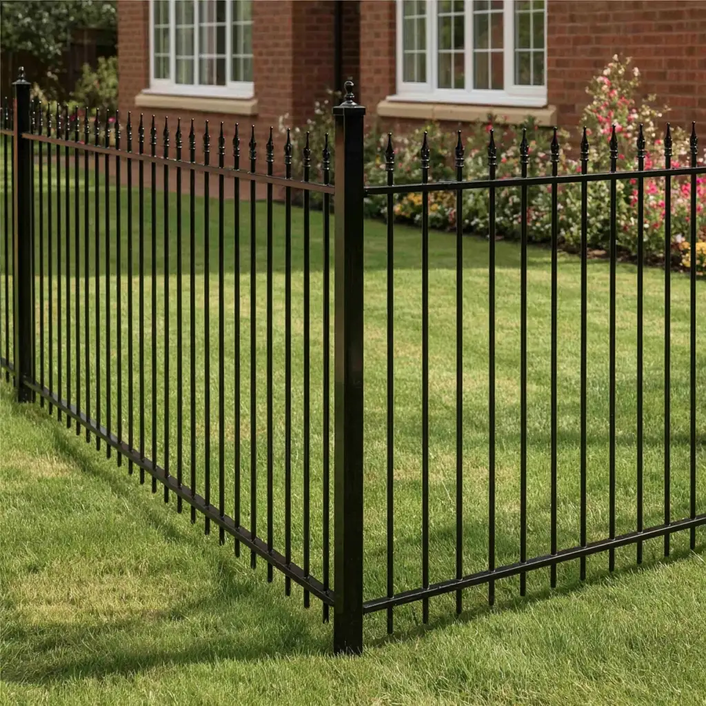 Black ornamental metal fence near green grass